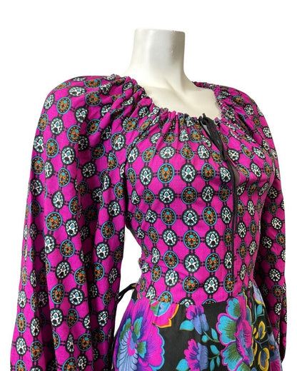 VINTAGE 60s 70s PURPLE BLACK BLUE PSYCHEDELIC FLORAL BOHO PRAIRIE MIDI DRESS 12