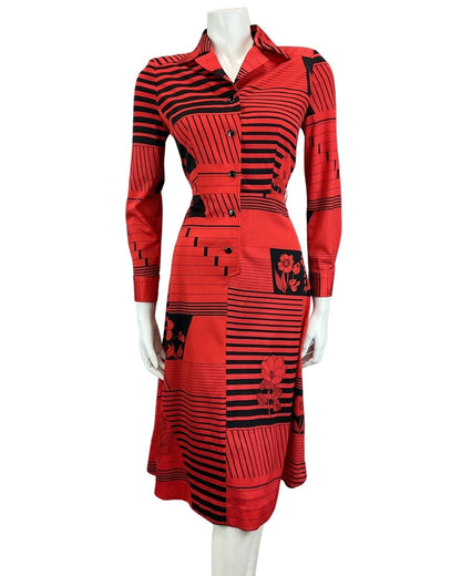 VINTAGE 60s 70s RED BLACK ABSTRACT PRINT MIDI MOD BOHO DISCO PARTY DRESS 8 10