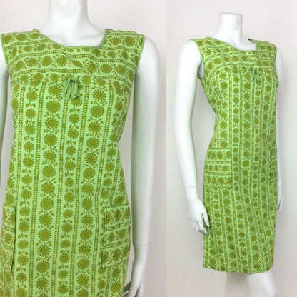 VINTAGE 60s 70s LIME GREEN PSYCHEDELIC FLORAL EMPIRE LINE SHIFT DRESS 10 12