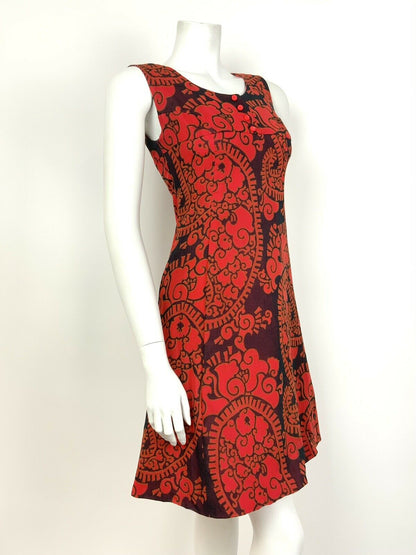 VINTAGE 60s 70s RED BLUE FLORAL PAISLEY EMPIRE LINE SLEEVELESS MOD DRESS 6 8