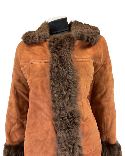 VINTAGE 60s 70s RUSSET BROWN BOHO SUEDE LEATHER SWING SHEARLING COAT 16