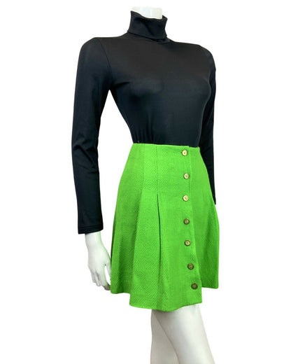 VINTAGE 60s 70s BRIGHT GREEN BRASS MOD PLEATED SHORT MINI SKIRT 4