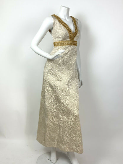 VINTAGE 60s 70s IVORY GOLD DIAMANTE PAISLEY SWIRL QUILTED GLAM MAXI DRESS 8