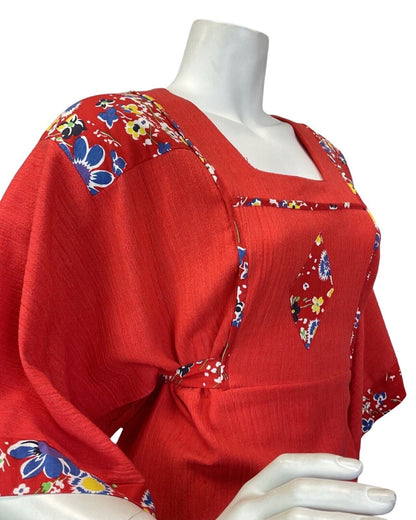 VINTAGE 60s 70s RED BLUE BLACK FLORAL KIMONO SLEEVE BOHO FOLK MAXI DRESS 8 10