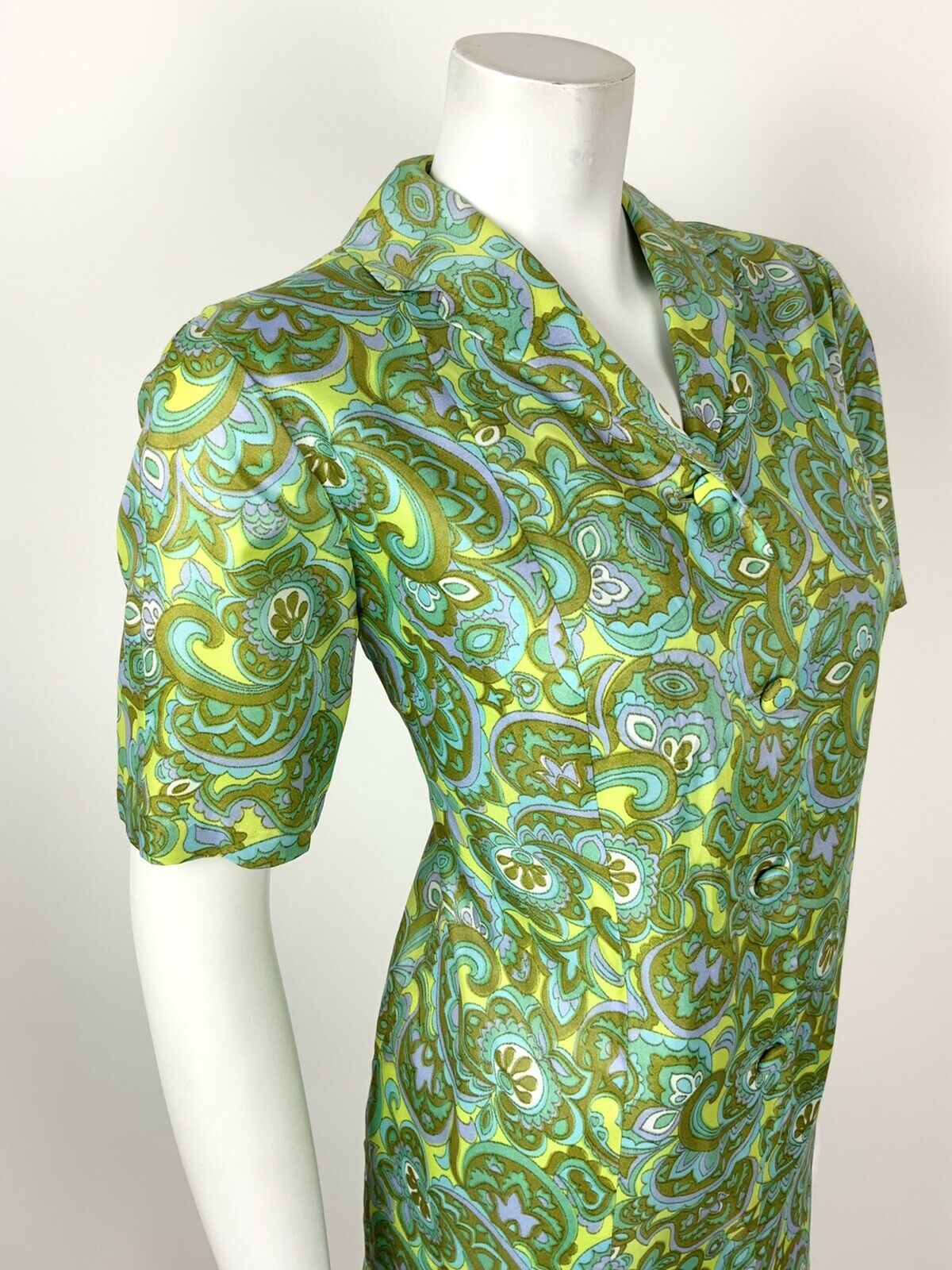 VINTAGE 60s 70s GREEN BLUE PURPLE FLORAL PAISLEY PSYCHEDELIC SHIRT DRESS 14 16