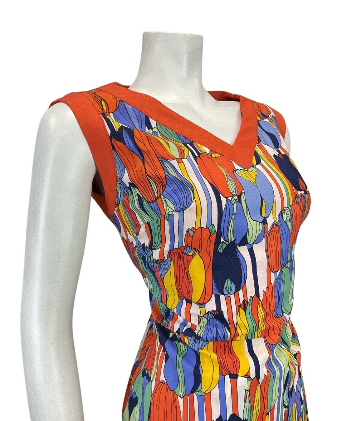 VINTAGE 60s 70s ORANGE BLUE GREEN TULIP FLOWER MOD SLEEVELESS DRESS 12