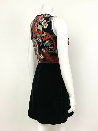 VTG 60s 70s BLACK RED BROWN BLUE FLORAL PAISLEY VELVET PARTY DRESS 6