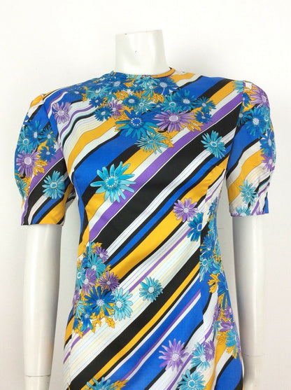 VTG 60s 70s BLUE YELLOW BLACK PURPLE STRIPE FLOWER DAISY DRESS 14