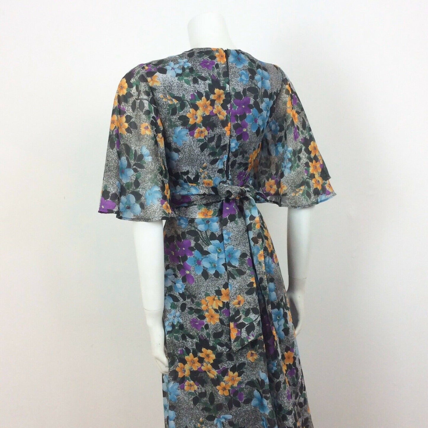 70S VINTAGE GREY GREEN BLUE PURPLE YELLOW FLOWER MAXI DRESS 10