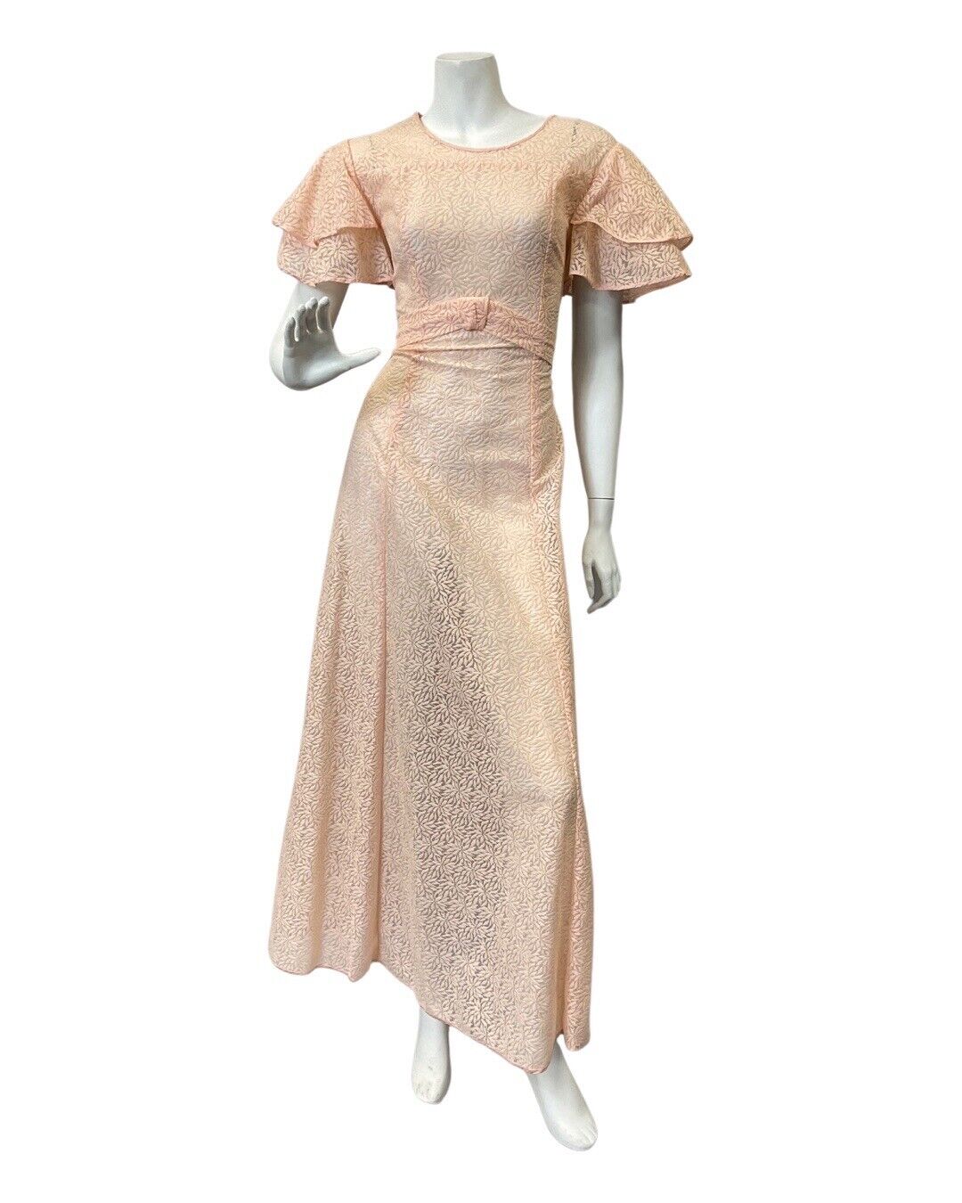 VINTAGE 60s 70s PINK PEACH EMBROIDERED FLORAL SHEER BOHO PRAIRIE MAXI DRESS 14