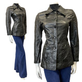 VINTAGE 60s 70s JET BLACK DAGGER COLLAR MOD FITTED LEATHER JACKET 8