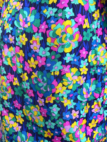 VTG 60s 70s BLUE YELLOW PINK GREEN PSYCHEDELIC FLORAL EMPIRE LINE DRESS 12 14