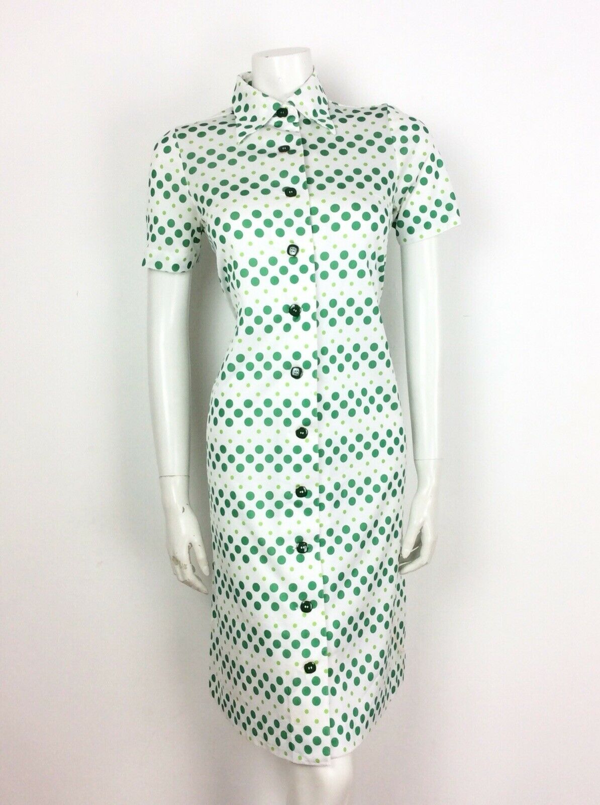 VINTAGE 60s 70s POLKA DOT SPOTTY WHITE GREEN SHIRT DRESS 8 10