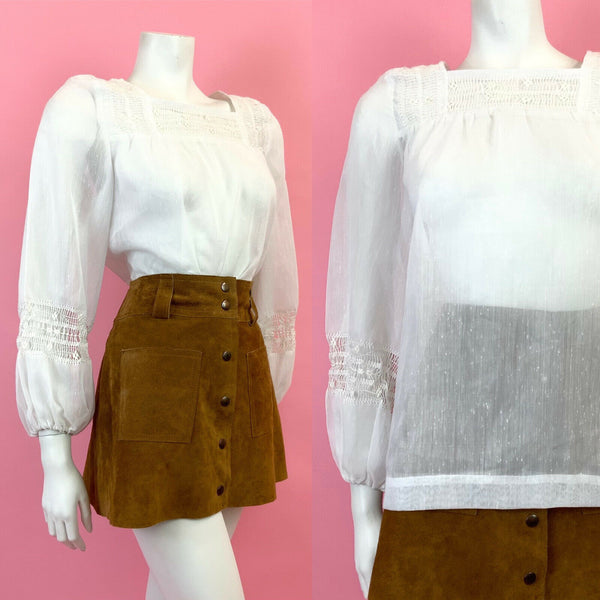 VINTAGE 60s 70s SHEER WHITE EMBROIDERED BOHO FOLK PEASANT BLOUSE TOP 12 14