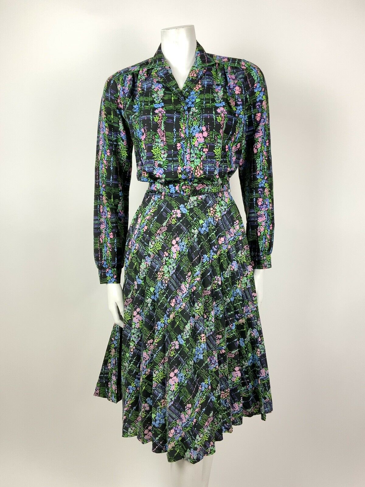 VTG 60s 70s BLACK BLUE PINK GREEN FLORAL PSYCHEDELIC PLEATED SHIRT DRESS 10 12