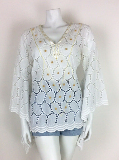 VTG 60s 70s WHITE ETHNIC PEASANT TOP WATERFALL CAPE SLEEVE LACE EYELET 10 12 14