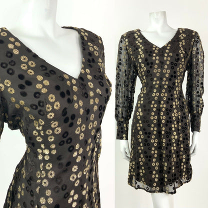 VINTAGE 60s 70s BROWN GOLD GLITTER VELVET POLKA DOT SHEER GLAM PARTY DRESS 14 16