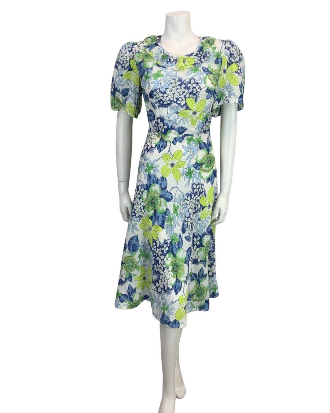 VINTAGE 60s 70s GREEN BLUE WHITE FLORAL PRINT FLOATY RUFFLED BOHO MIDI DRESS 8