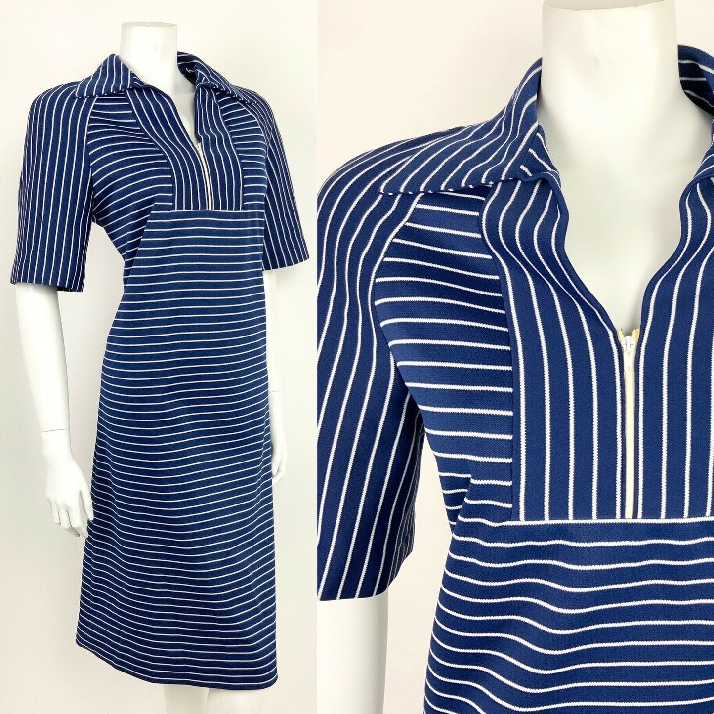 VTG 60s 70s NAVY BLUE WHITE STRIPED WING SHIRT COLLAR SHIFT DRESS 12 14 16