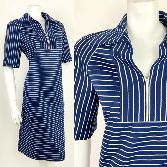 VTG 60s 70s NAVY BLUE WHITE STRIPED WING SHIRT COLLAR SHIFT DRESS 12 14 16