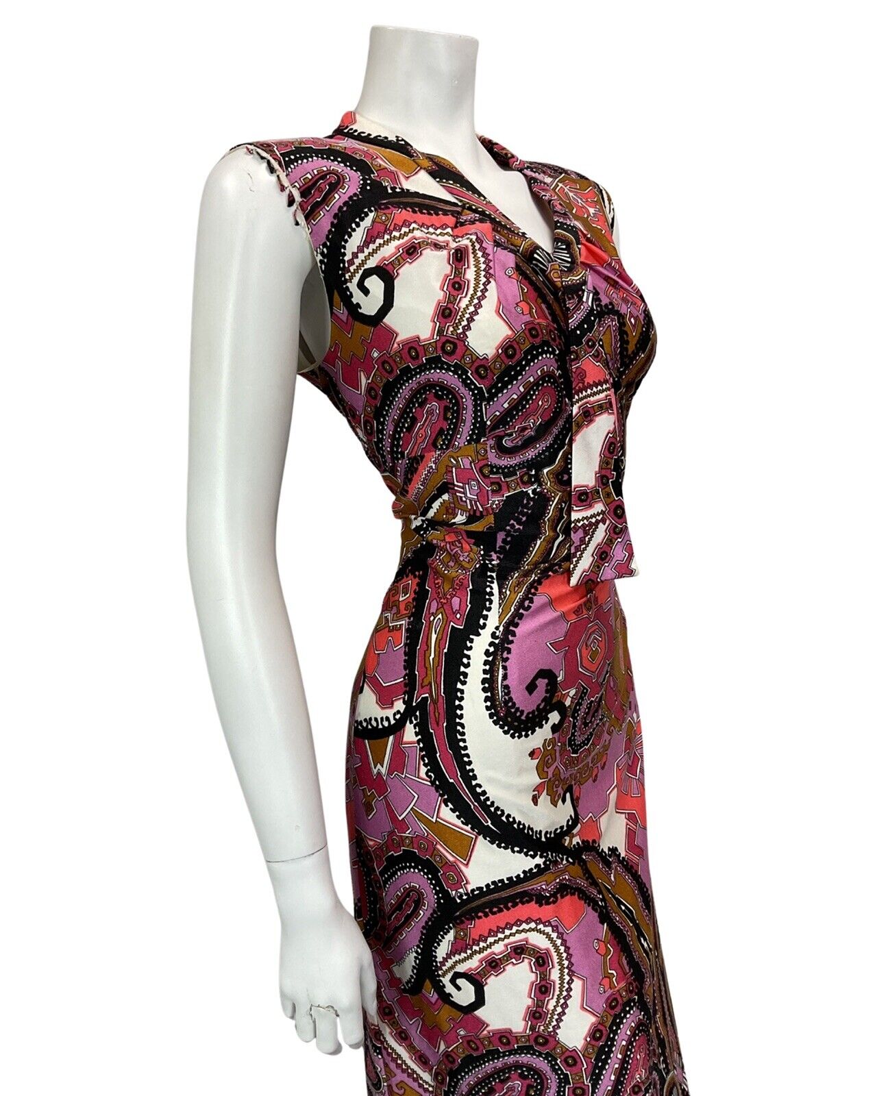 VINTAGE 60s 70s WHITE PINK BLACK PSYCHEDELIC PAISLEY PRINT MIDI DRESS 14