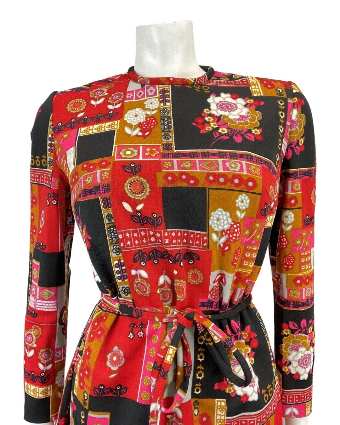 VINTAGE 60s 70s RED BLACK GOLD PATCHWORK FLORAL DAISY BELTED MOD DRESS 12 14