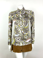 VTG 60s 70S STYLE 90s GREY PINK GREEN BLACK FLORAL PSYCHEDELIC DAGGER BLOUSE 10