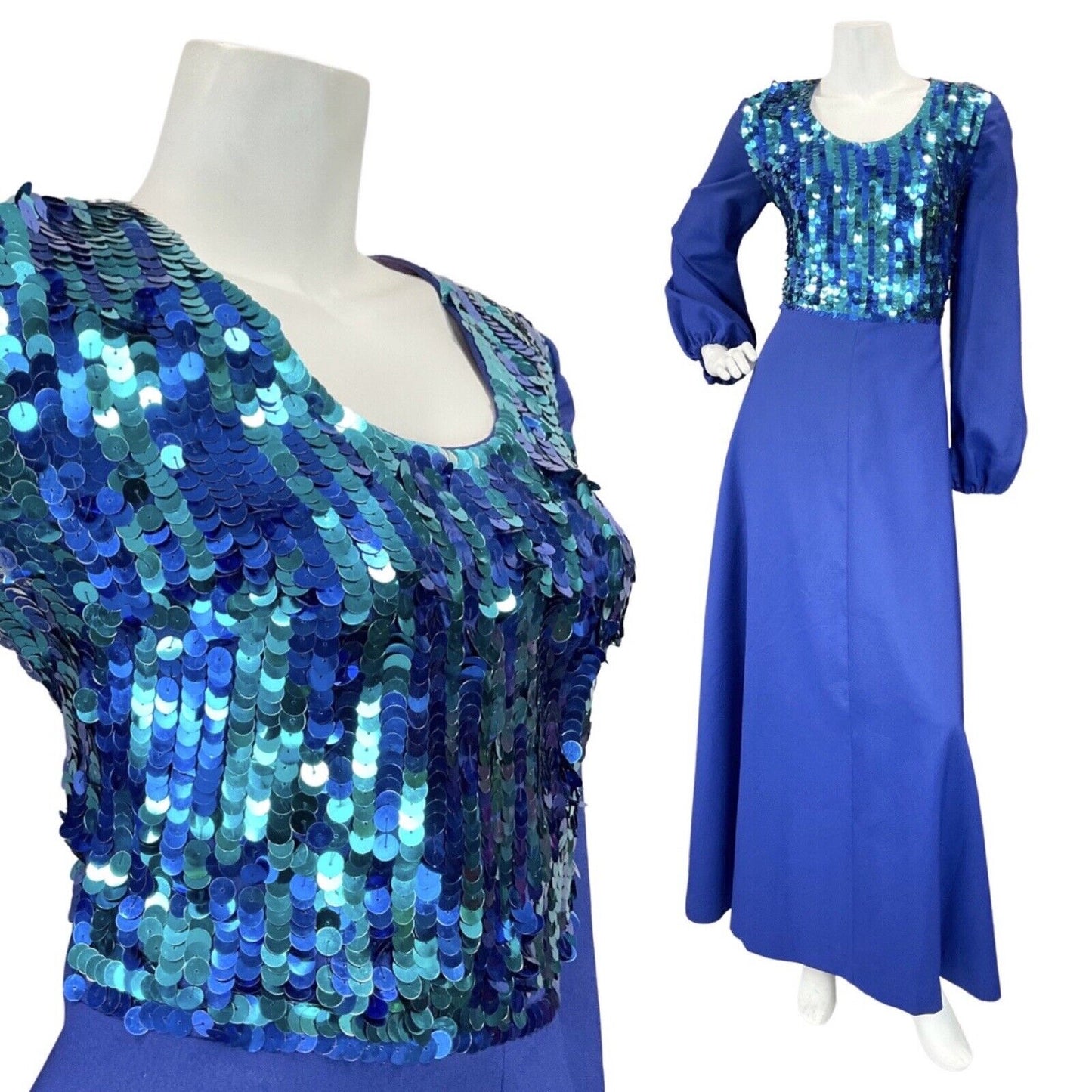 VINTAGE 60s 70s BLUE GREEN SEQUIN DISCO PARTY STUDIO 54 MAXI DRESS GOWN 12