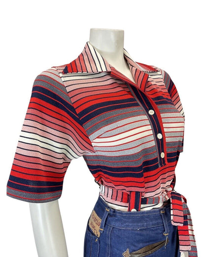 VINTAGE 60s 70s RED BLUE WHITE STRIPED MOD BELTED SHORT SLEEVE SHIRT 8