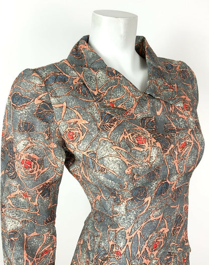 VINTAGE 60s 70s BLUE GREY ORANGE RED LEAF FLORAL ROSE SHIRT DRESS 10 12