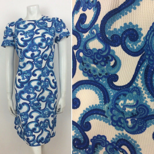 60S VINTAGE BLUE TURQUOISE WHITE PAISLEY PATTERN DRESS 12