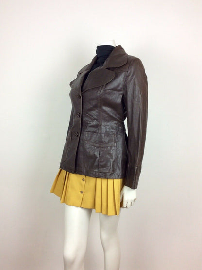 VTG 60s 70s DARK BROWN CHESTNUT LEATHER BELTED JACKET OVERSIZED COLLAR 10 12