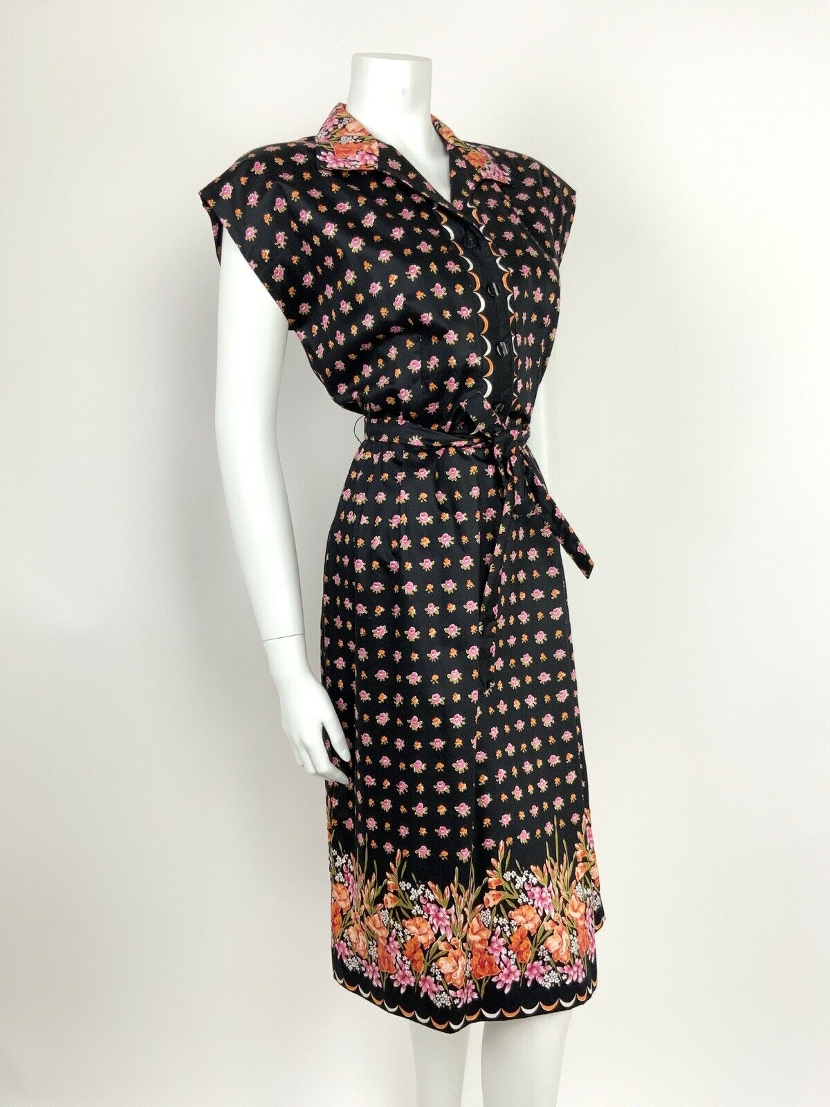 VTG 60s 70s BLACK ORANGE PINK OLIVE FLORAL SCALLOPED SHIRT WAIST DRESS 12 14