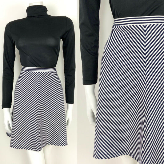 VINTAGE 60s 70s NAVY BLUE WHITE STRIPED NAUTICAL MOD A-LINE SKIRT 8 10