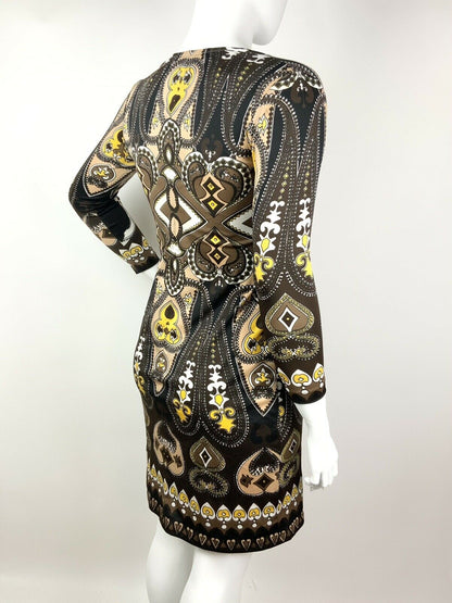 VINTAGE 60s 70s BLACK BROWN BEIGE YELLOW PAISLEY ETHNIC PSYCHEDELIC DRESS 16 18