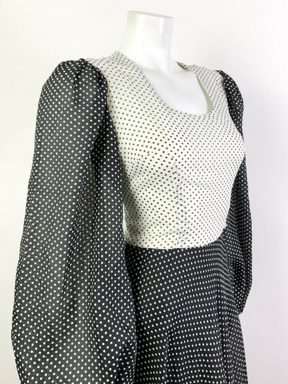 VINTAGE 60s 70s BLACK WHITE POLKA-DOT SHEER PUFF SLEEVE FLOATY MAXI DRESS 8