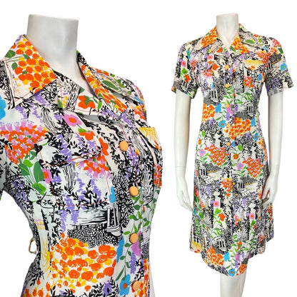 VINTAGE 60s 70s WHITE BLACK ORANGE FLORAL LEAFY BANDSTAND MOD SHIRT DRESS 12