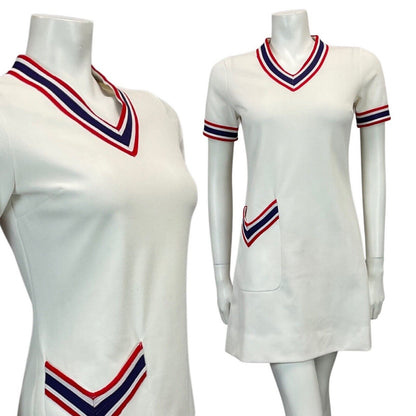 VINTAGE 60s 70s WHITE NAVY RED MINI TENNIS MOD PREPPY DRESS 10