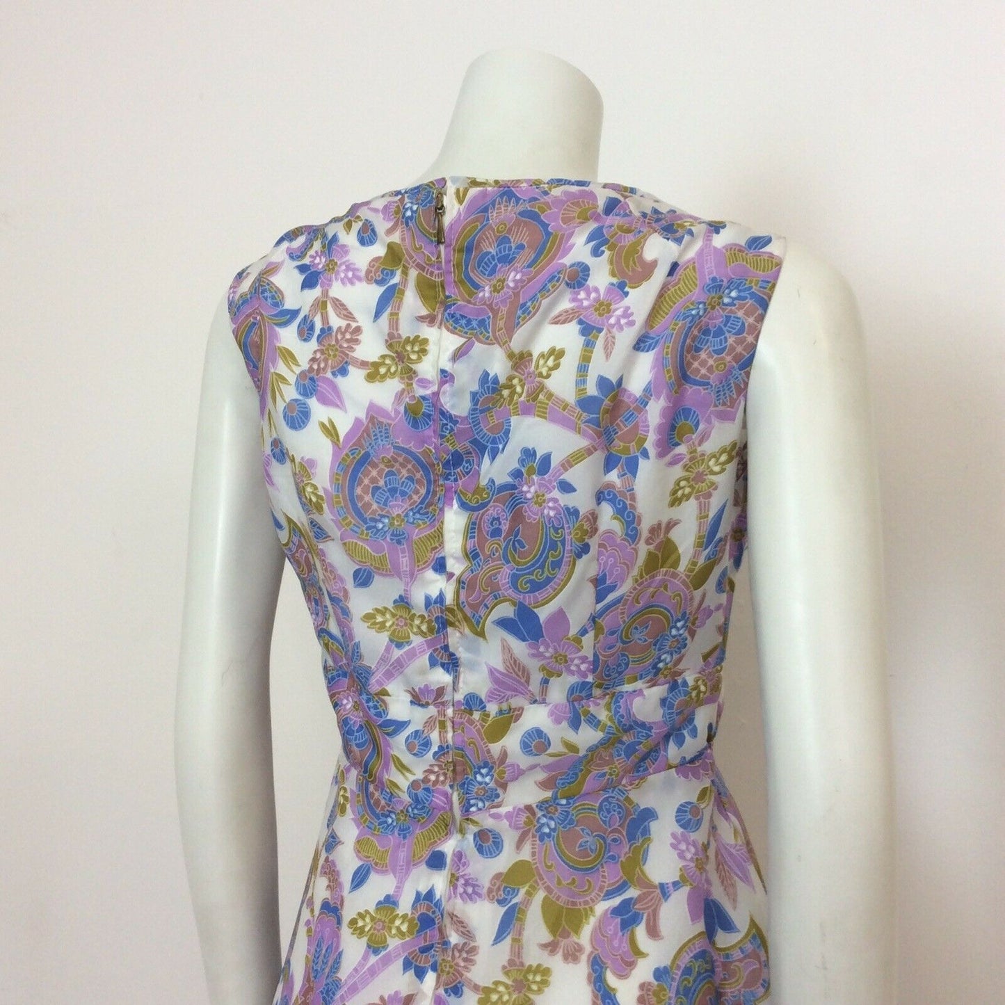 VINTAGE 60S 70s WHITE MUSTARD BLUE PURPLE PAISLEY DRESS 8 10