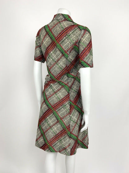 VTG 60s 70s WHITE BLACK RED GREEN GEOMETRIC CHECKERED TARTAN SHIRT DRESS 10 12