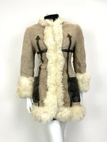 VINTAGE 60s 70s BEIGE SAND BROWN SUEDE LEATHER SHEARLING MOD COAT JACKET 8 10