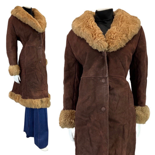 VINTAGE 60s 70s DARK BROWN CREAM BOHO SUEDE SHEARLING LONG COAT 14