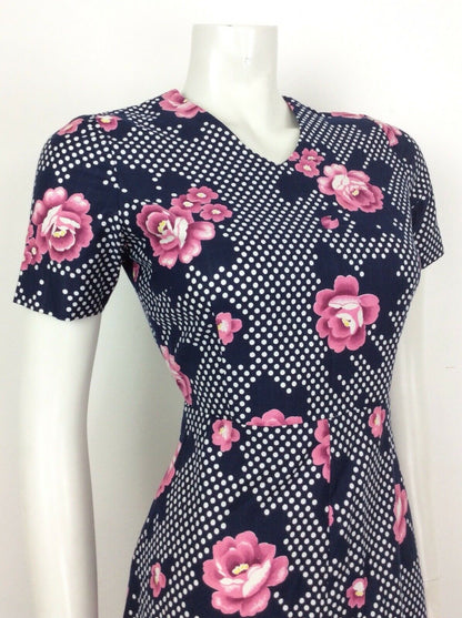 STUNNING VINTAGE 60S 70S POLKA DOT NAVY BLUE WHITE PINK FLORAL DRESS 8 10