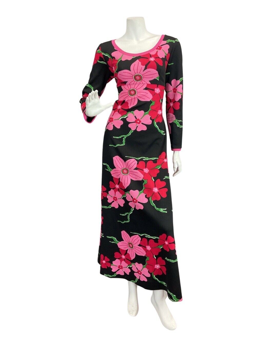 VINTAGE 60s 70s BLACK PINK GREEN FLORAL BLOSSOM MOD ALMEDAHL MAXI DRESS 12