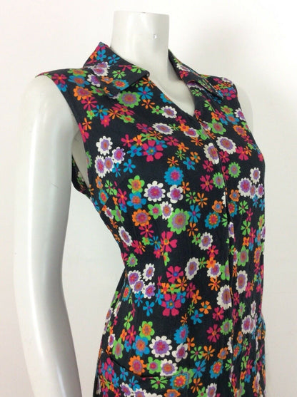 VINTAGE 60S PSYCHEDELIC BLACK GREEN BLUE RED COTTON DAISY ZIP UP DRESS 14