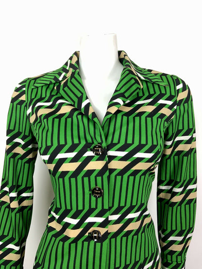 VTG 60s 70s GREEN BLACK WHITE BEIGE GEOMETRIC MOD STRIPED DAGGER SHIRT DRESS 10