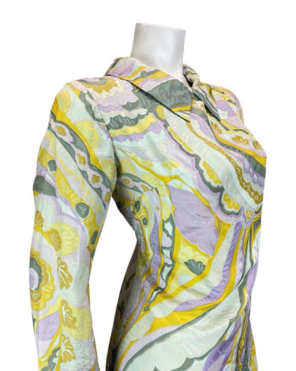 VINTAGE 60s 70s GREEN YELLOW PSYCHEDELIC FLORAL MOD SHIRT SHIFT DRESS 10 12