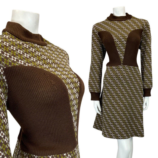 VINTAGE 60s 70s BROWN GREEN DAISY FLOWER STRIPED KNITTED LONGSLEEVE DRESS 14 16