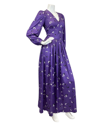 VINTAGE 60s 70s PURPLE BLACK WHITE FLORAL DANDELION LONGSLEEVE MAXI DRESS 10 12