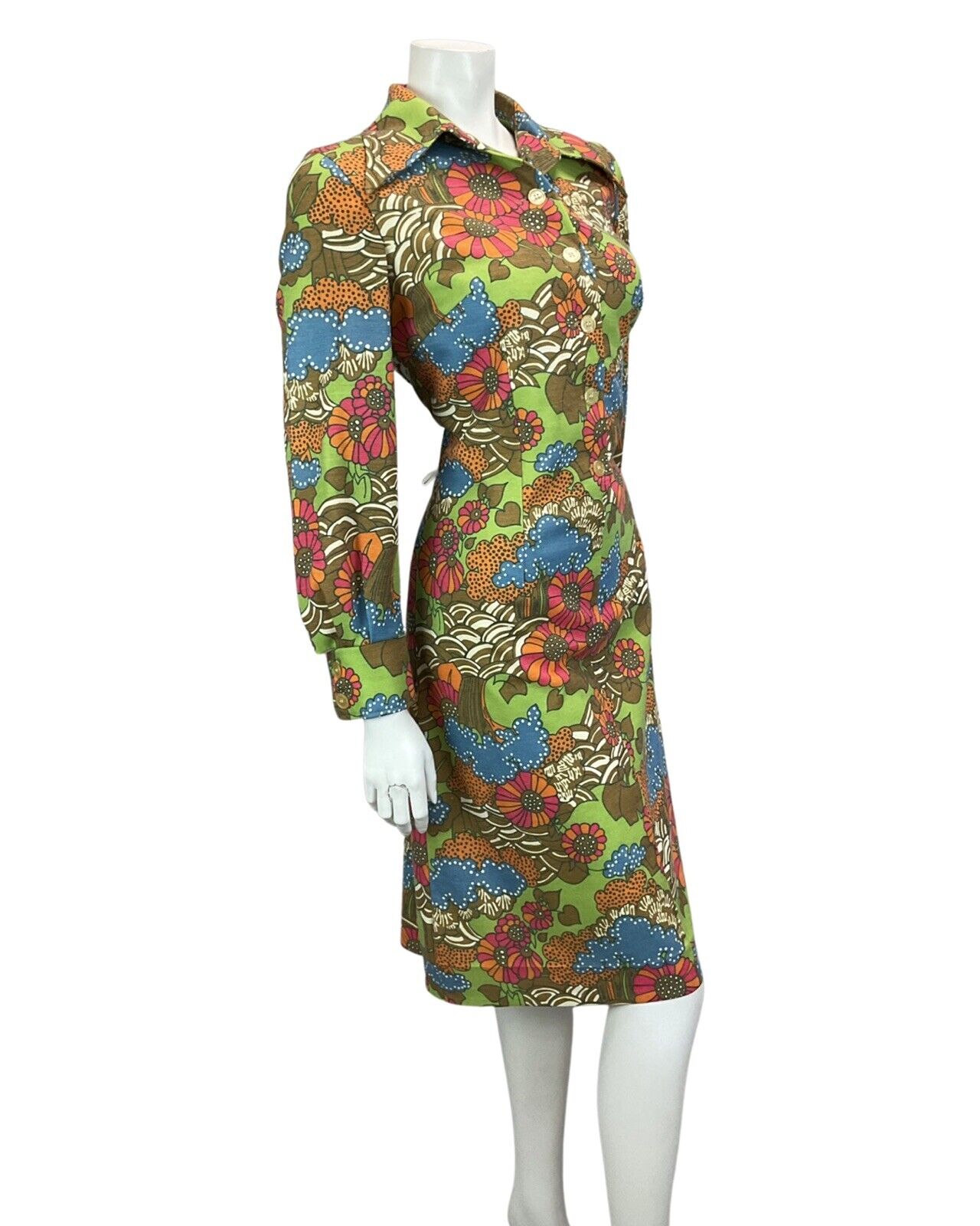 VTG 60S 70S GREEN PINK BLUE  FLORAL PRINT BOHO PSYCHEDELIC PRINT MIDI DRESS 14